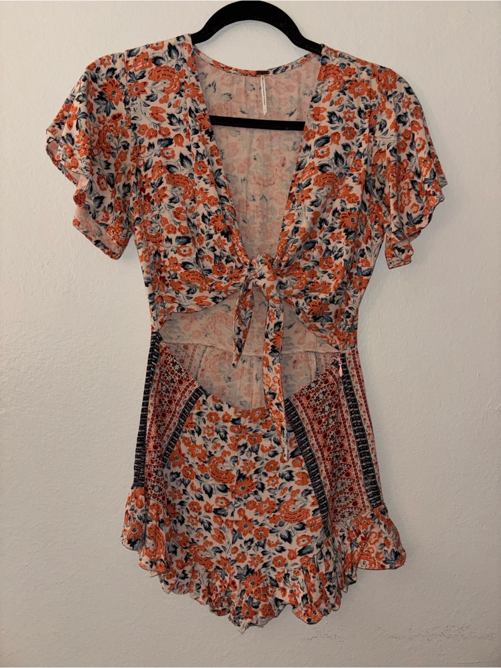 Free People Floral Tie-Front Short Sleeve Women's Top in Orange